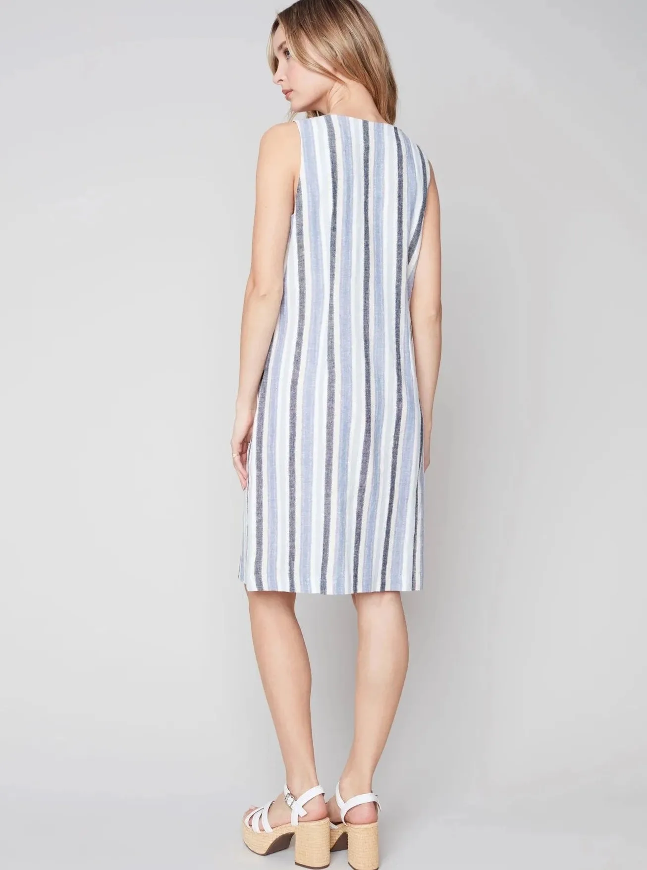 Striped Sleeveless V-Neck Linen Dress [Cerulean-C3115]