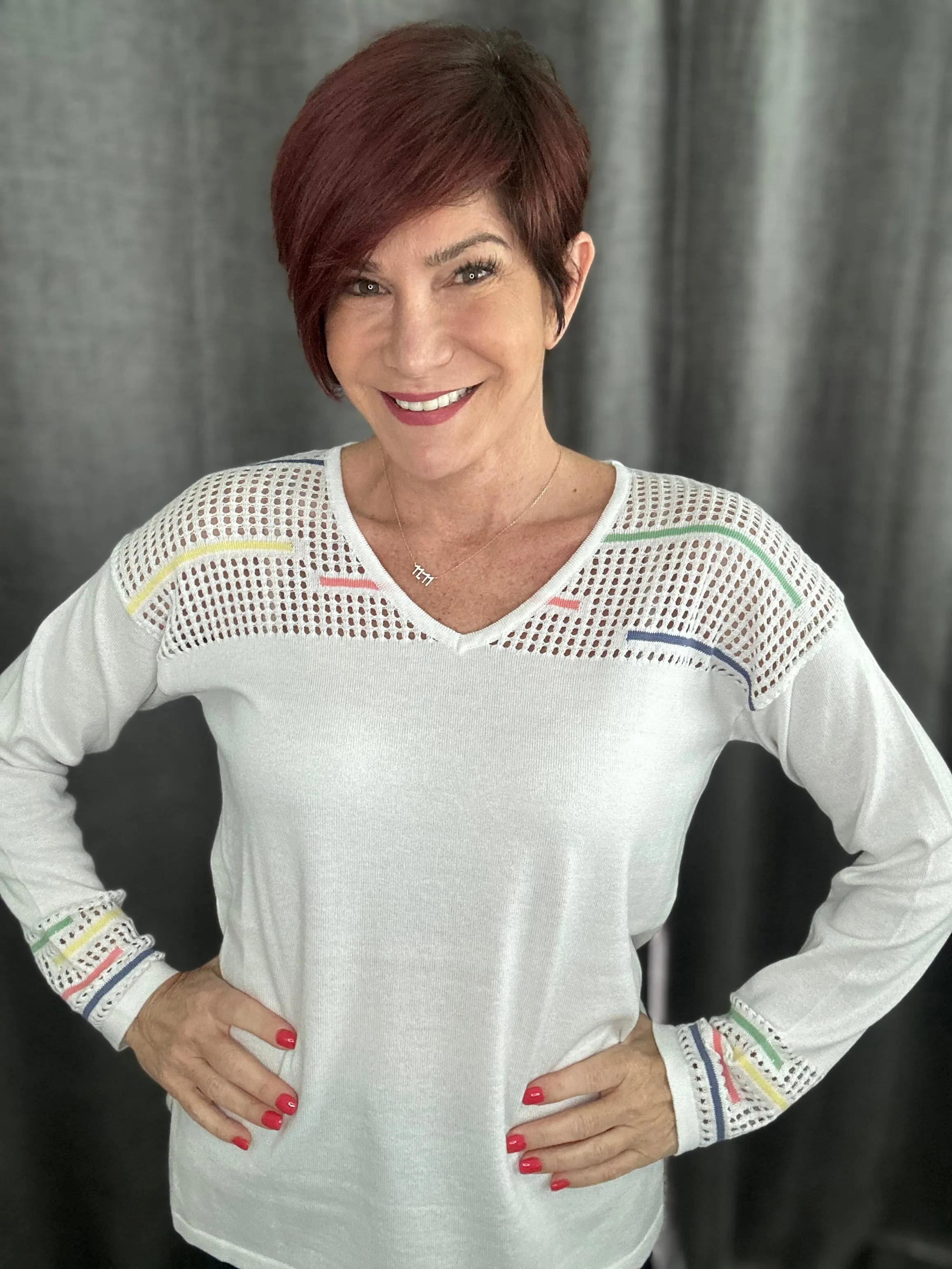 Striped V Neck with Crochet Detailing