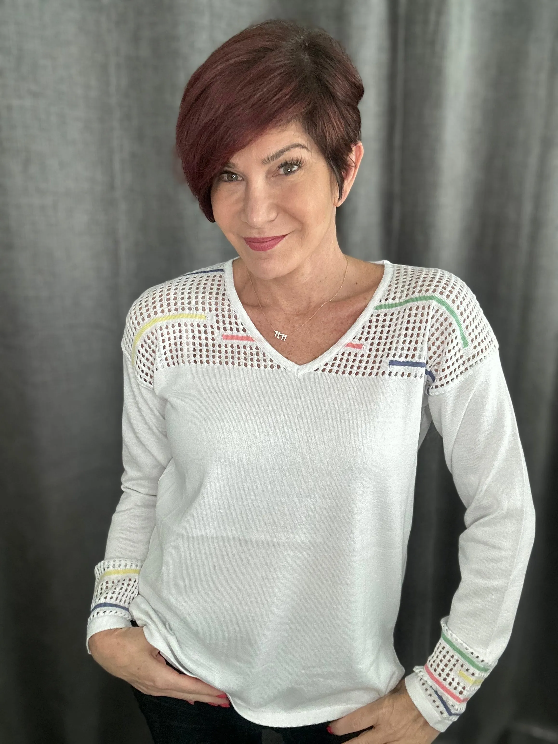 Striped V Neck with Crochet Detailing