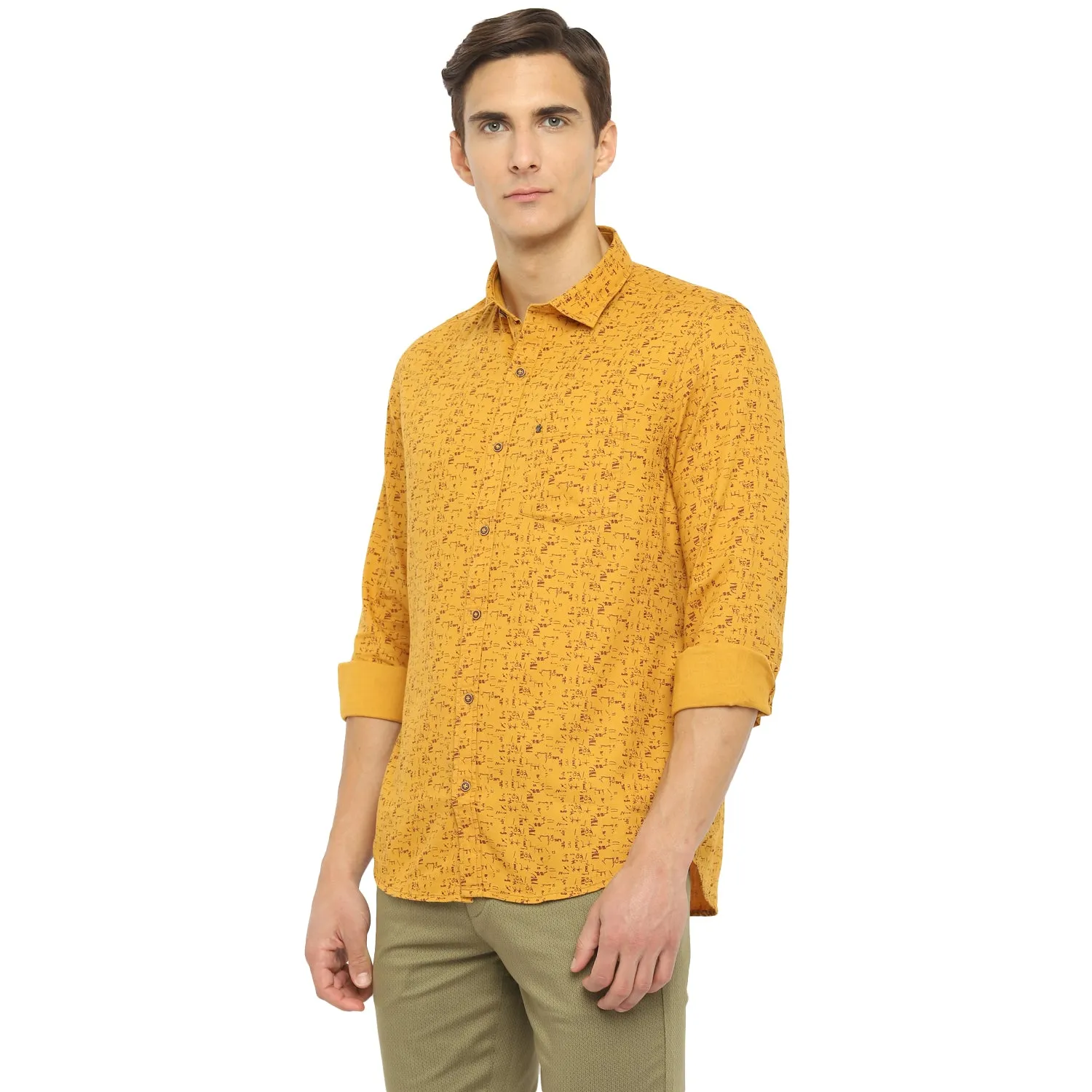 Turtle Men Yellow Cotton Printed Slim Fit Shirts
