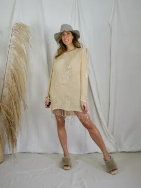Vintage Buttercream Silk Pearl Dress
