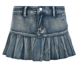Vintage Fashion Y2K Hot Low Waist Denim Skirt Super Short Streetwear Burr Distressed Summer Mini Pleated Skirt Women