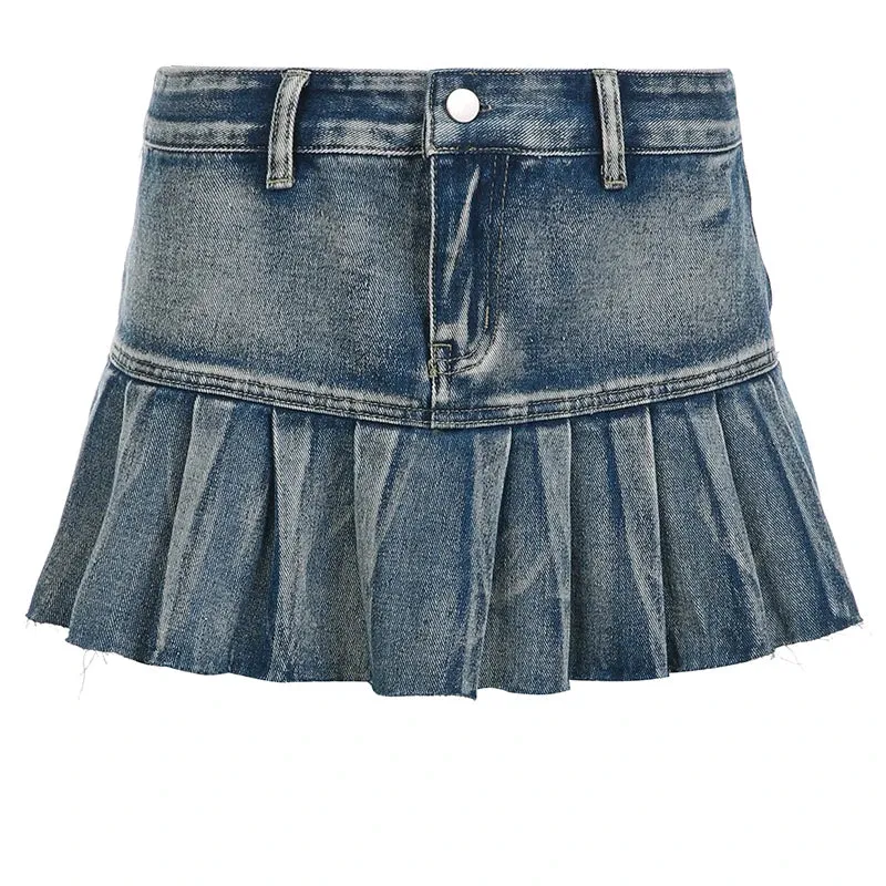 Vintage Fashion Y2K Hot Low Waist Denim Skirt Super Short Streetwear Burr Distressed Summer Mini Pleated Skirt Women