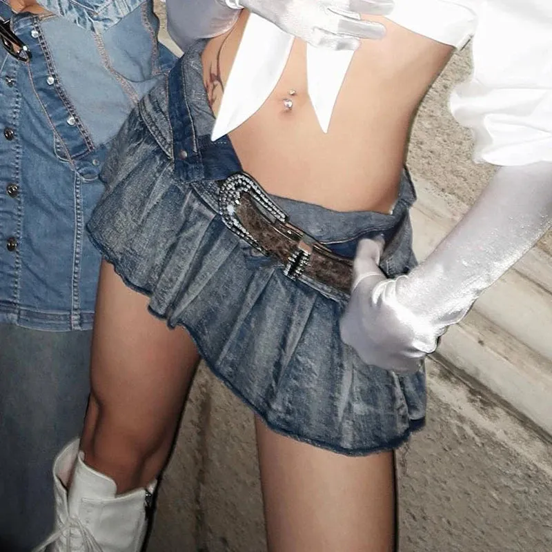 Vintage Fashion Y2K Hot Low Waist Denim Skirt Super Short Streetwear Burr Distressed Summer Mini Pleated Skirt Women