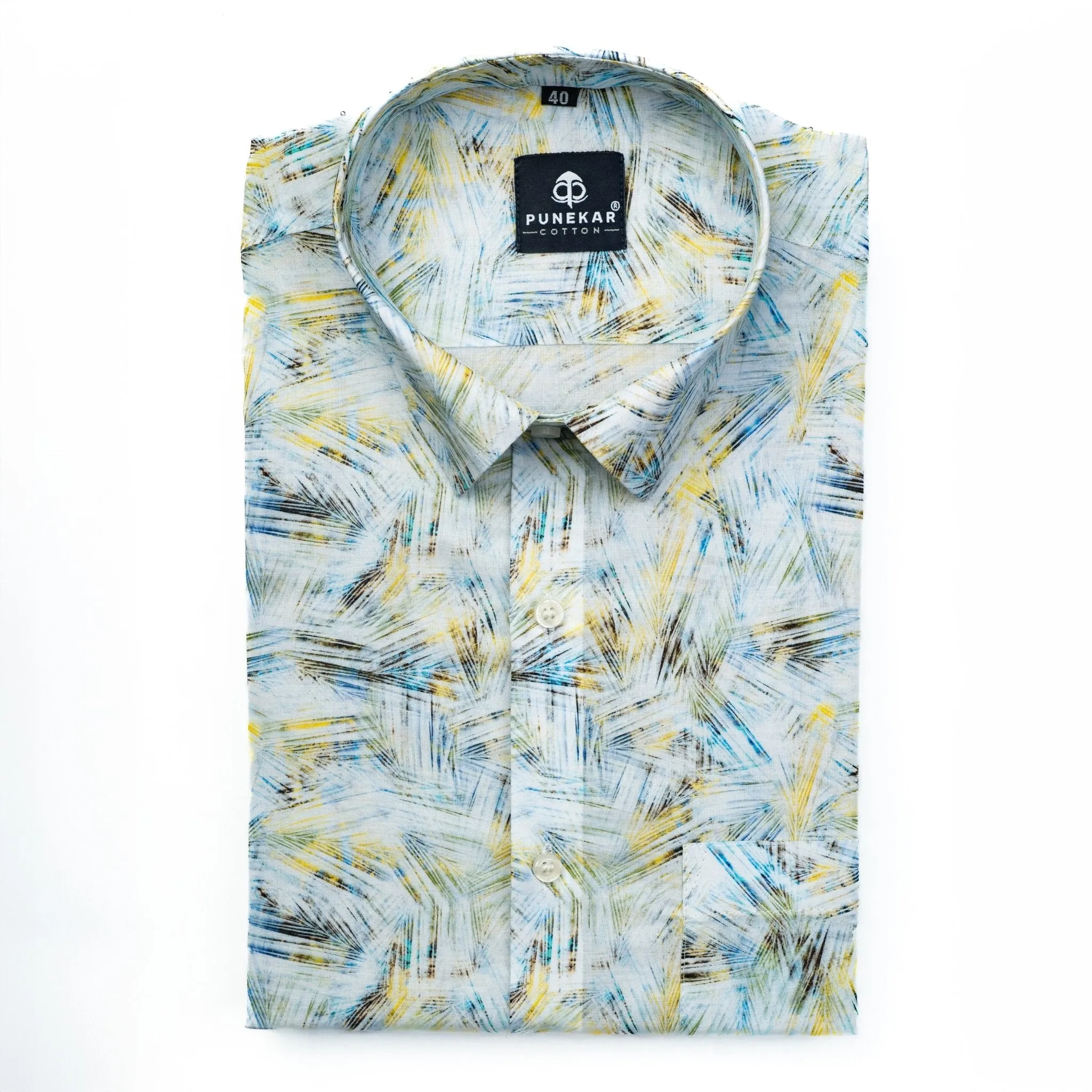 White Yellow Printed Wool Cotton Shirt For Men