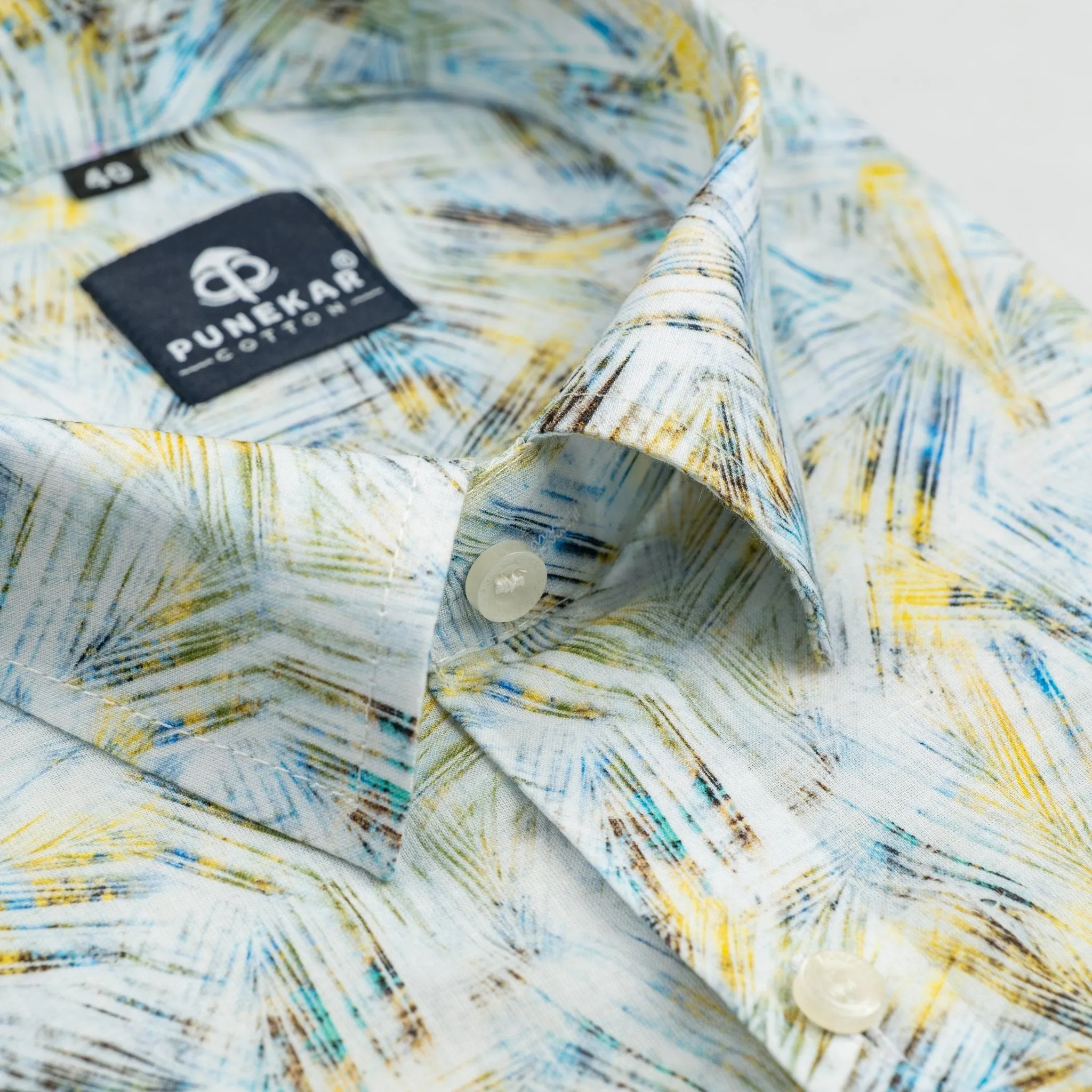 White Yellow Printed Wool Cotton Shirt For Men