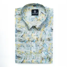 White Yellow Printed Wool Cotton Shirt For Men