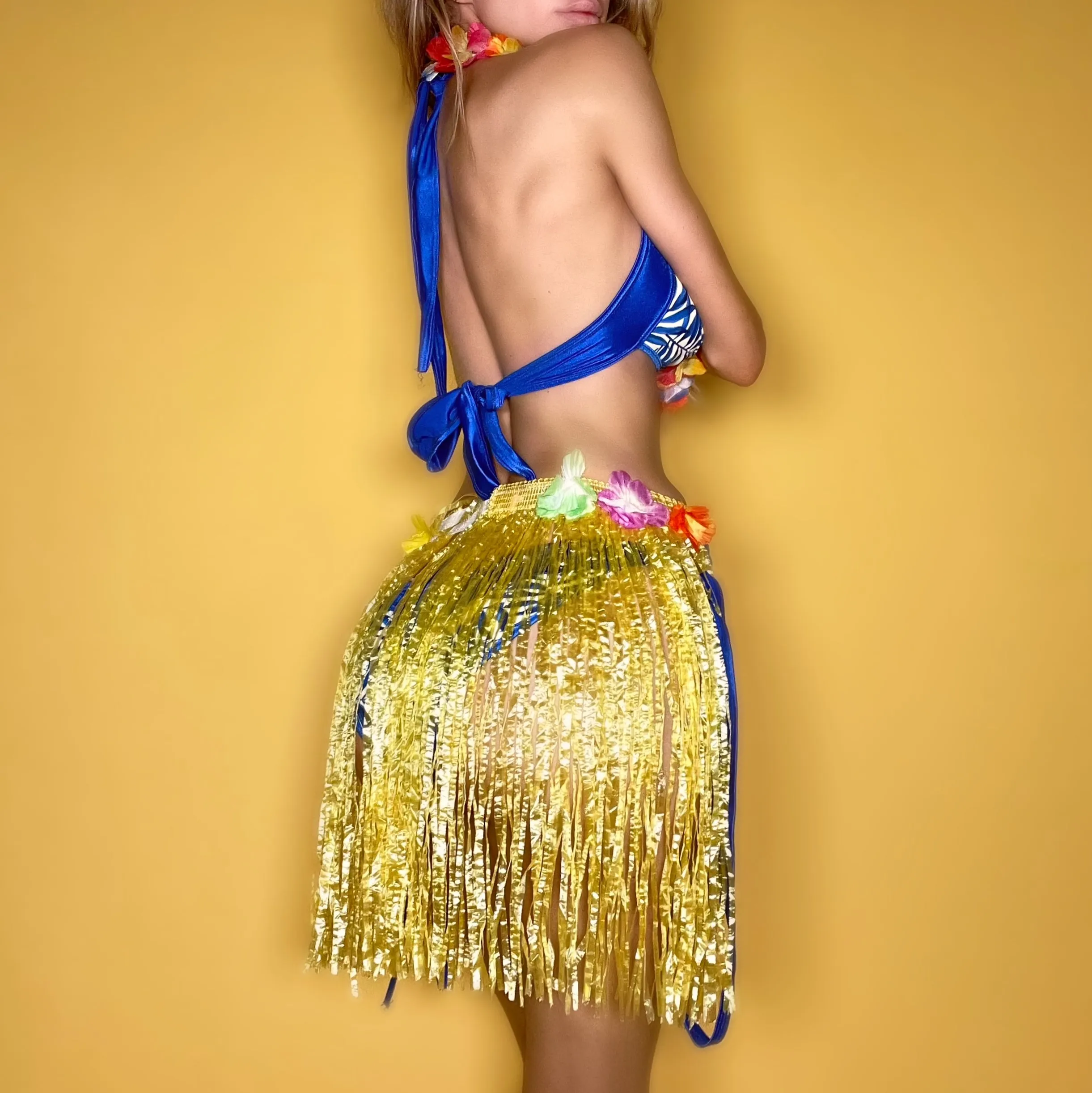 Y2K Golden Grass Hula Skirt & Flower Lei Costume Set